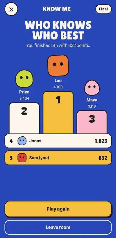 Know Me final screen in the Talk Deep app: who knows who best, on a podium