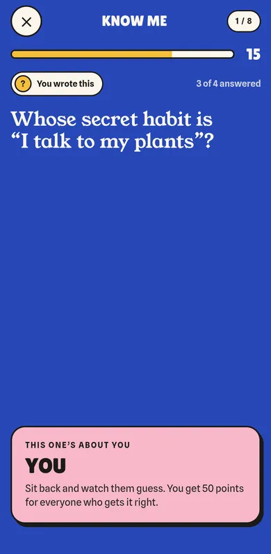 Know Me question screen in the Talk Deep app: whose secret habit is it?