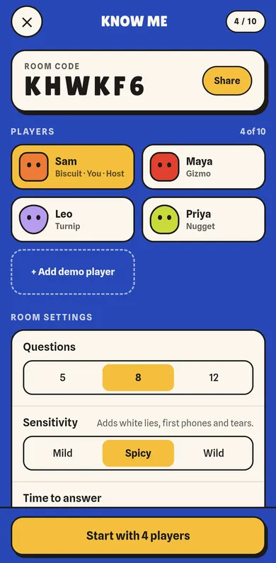 Know Me room screen in the Talk Deep app: the room code, four players and the room settings