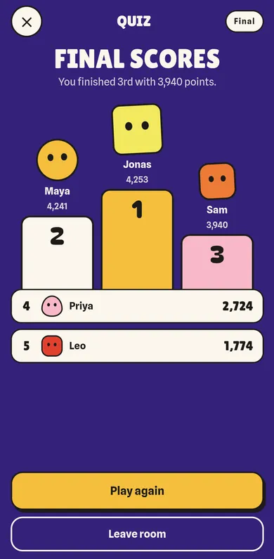 Quiz final scores in the Talk Deep app
