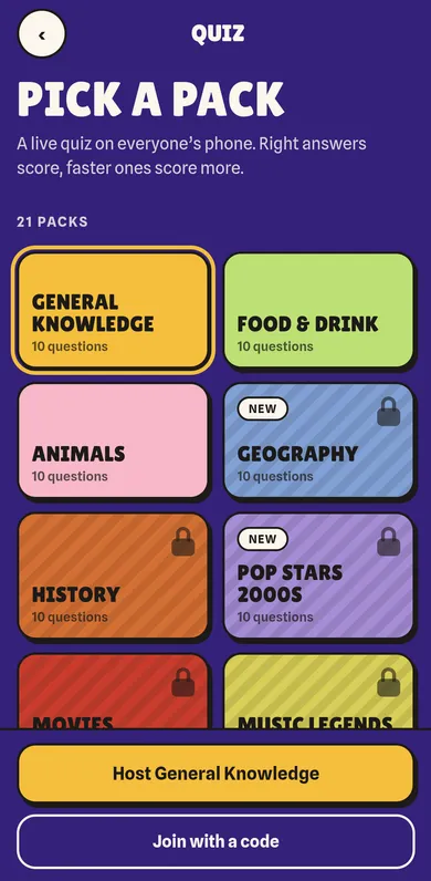 Quiz pack list in the Talk Deep app: 21 packs, three of them free