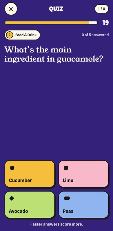 Quiz question screen in the Talk Deep app with four answers and a countdown