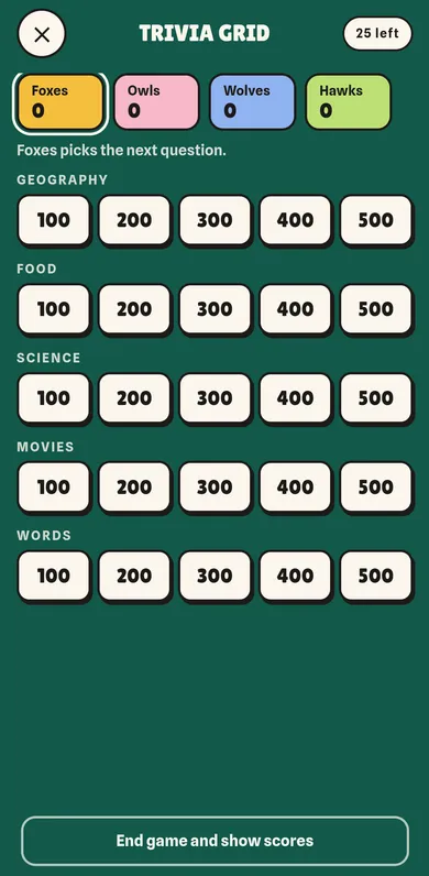 Trivia Grid board in the Talk Deep app: five topics, 100 to 500 points