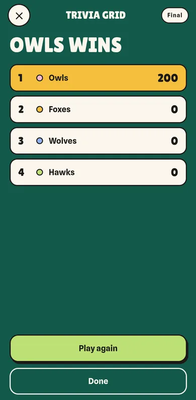 Trivia Grid final scores in the Talk Deep app