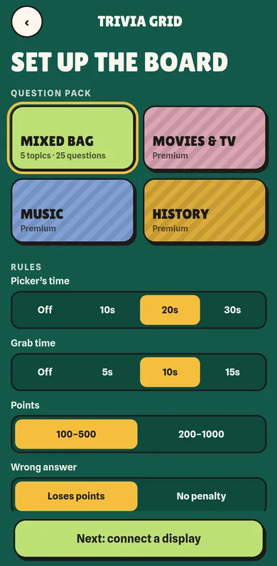 Trivia Grid setup screen in the Talk Deep app: question pack and rules